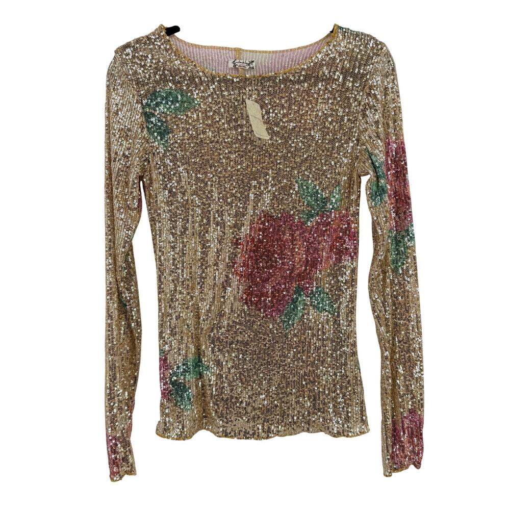 Free People Gold Rush Long Sleeve Sequin Shirt Womens Sz Small Floral Champagne